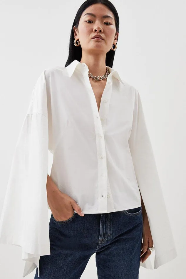 Tops Women Karen Millen Poplin Statement Sleeve Tailored Shirt Ivory