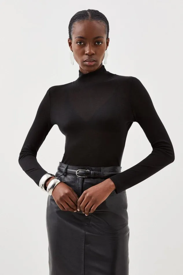 Tops Women Karen Millen Premium Jersey Wool Blend High Neck Sleeve Top Black