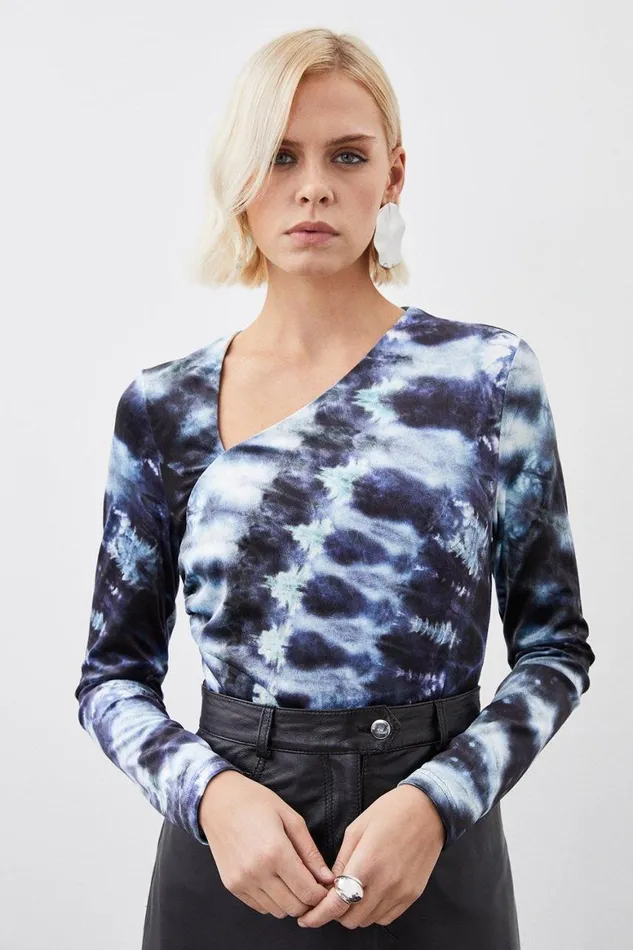 Tops Women Karen Millen Printed Velvet Stretch Long Sleeve Bodysuit Blue