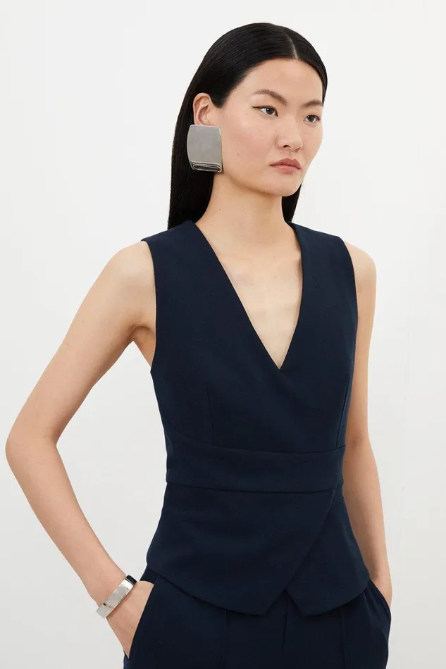 Tops Women Karen Millen Tailored V Neck Peplum Top Navy