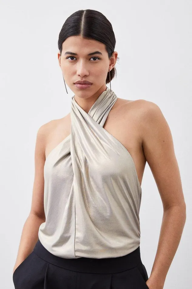 Tops Women Karen Millen Tall Premium Jersey Metallic Bodysuit Gold