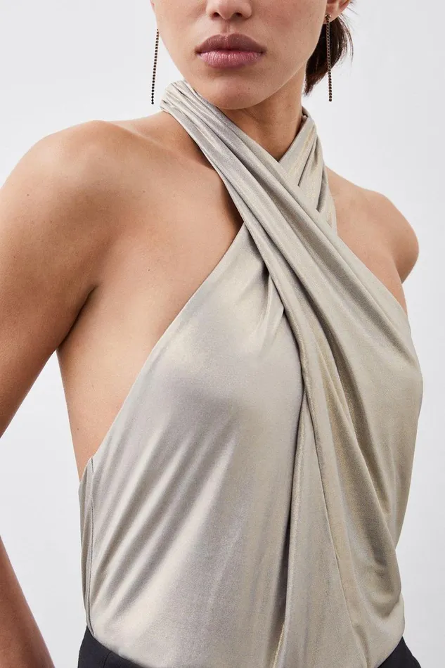 Tops Women Karen Millen Tall Premium Jersey Metallic Bodysuit Gold