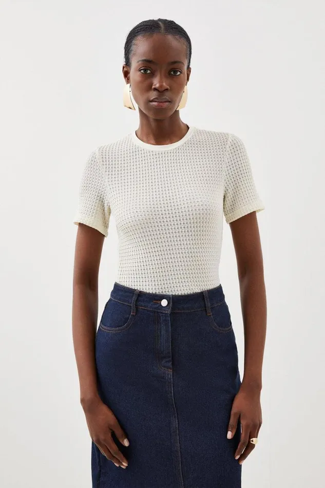 Tops Women Karen Millen Textured Jersey Scoop Neck Top Ivory
