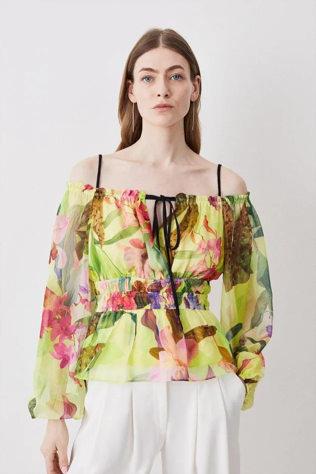Tops Women Karen Millen Tropical Orchid Woven Bardot Top Yellow