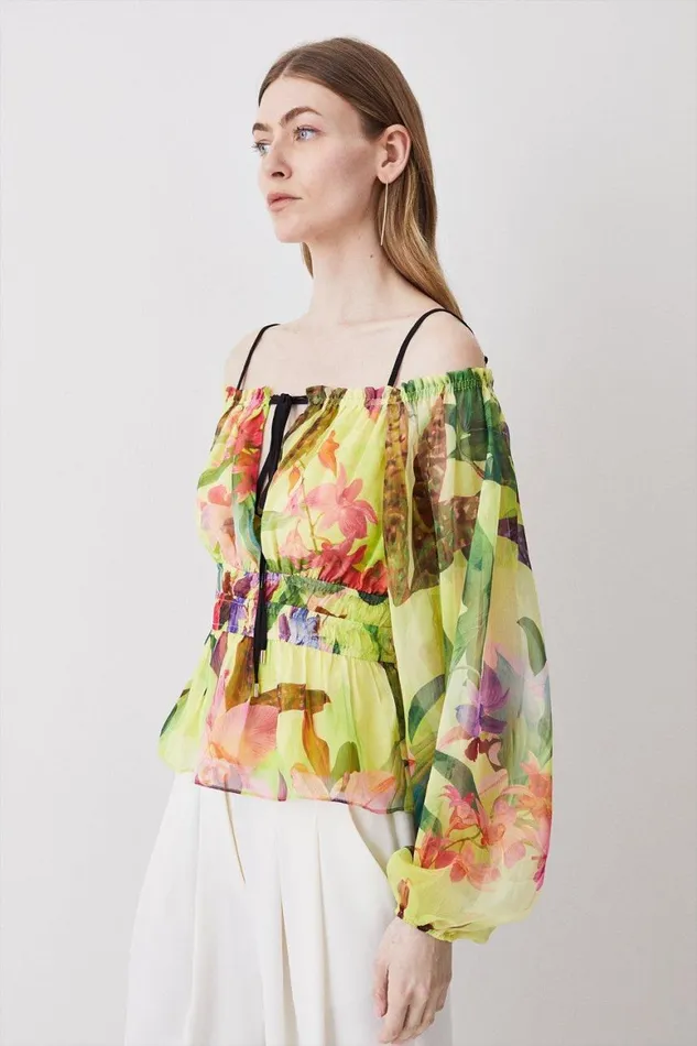 Tops Women Karen Millen Tropical Orchid Woven Bardot Top Yellow