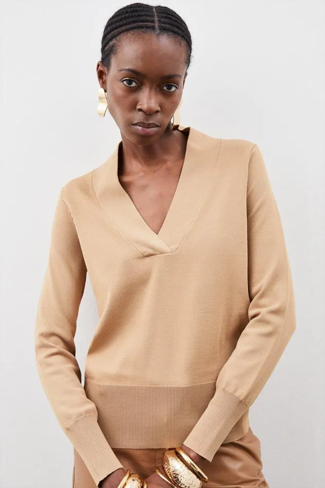 Tops Women Karen Millen Viscose Blend Knit Shawl Collar Top Camel