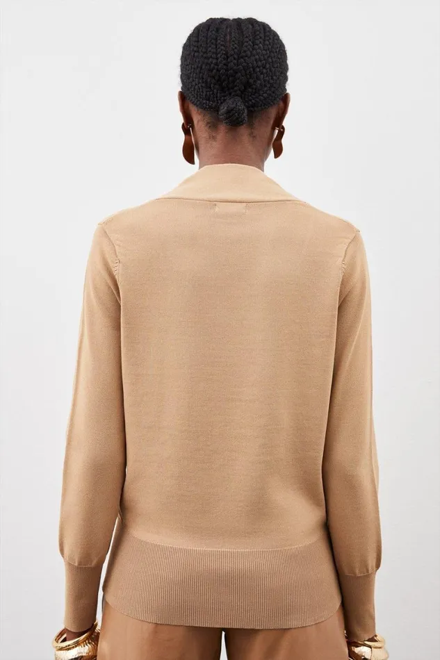 Tops Women Karen Millen Viscose Blend Knit Shawl Collar Top Camel