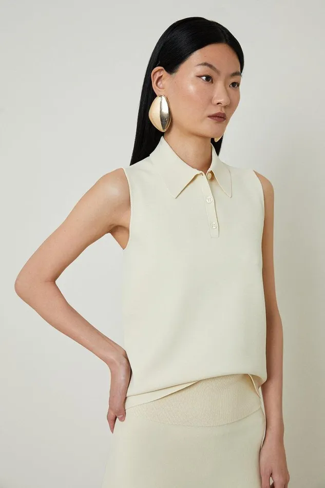 Tops Women Karen Millen Viscose Blend Milano Knit Polo Top Stone
