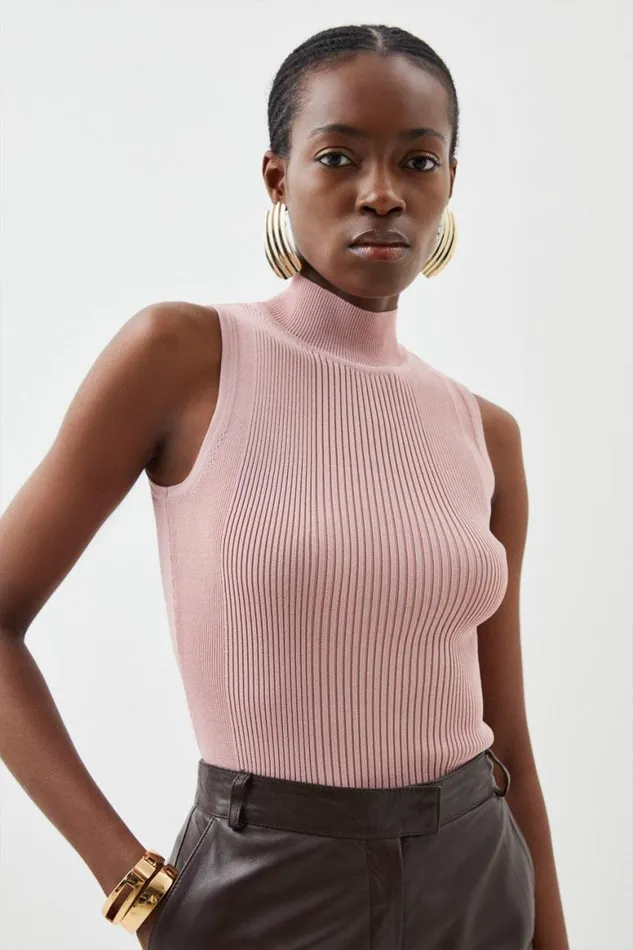Tops Women Karen Millen Viscose Blend Sleeveless Rib Knit Funnel Neck Top Blush