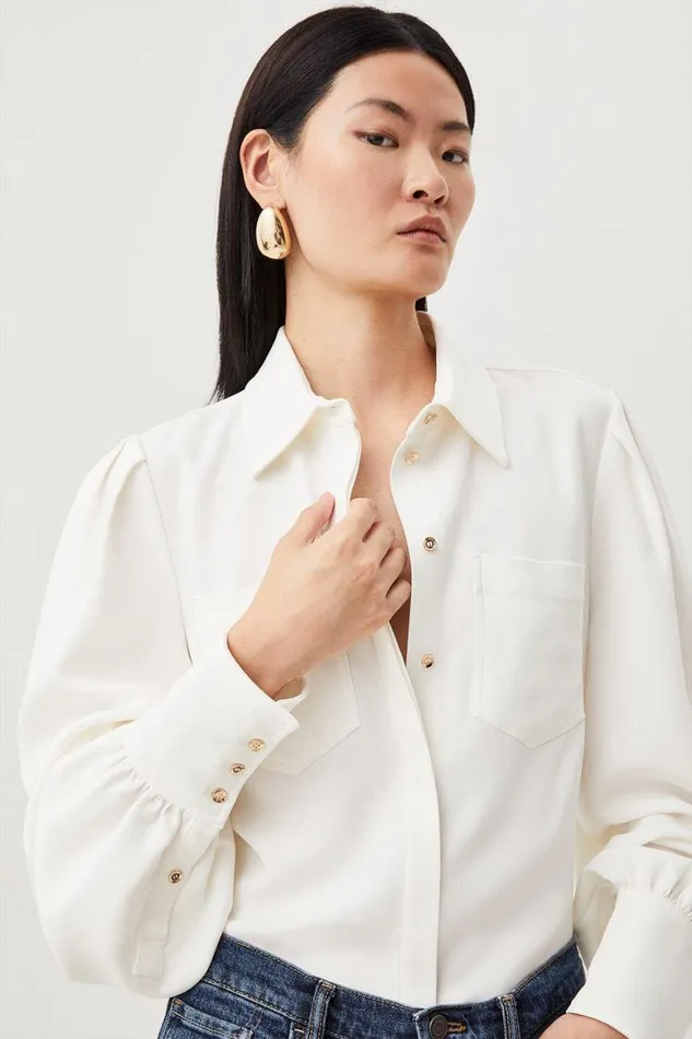 Tops Women Karen Millen Viscose Crepe Statement Sleeve Collared Blouse Ivory