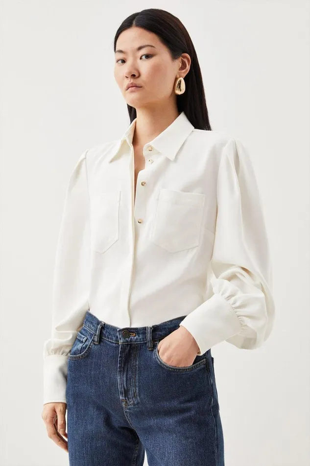Tops Women Karen Millen Viscose Crepe Statement Sleeve Collared Blouse Ivory