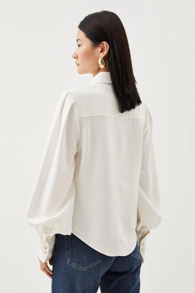 Tops Women Karen Millen Viscose Crepe Statement Sleeve Collared Blouse Ivory