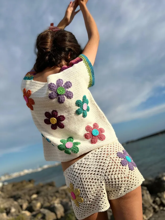 Tops Women Rose Carmine TOP FREE FLOWERS ECRU Spring Summer