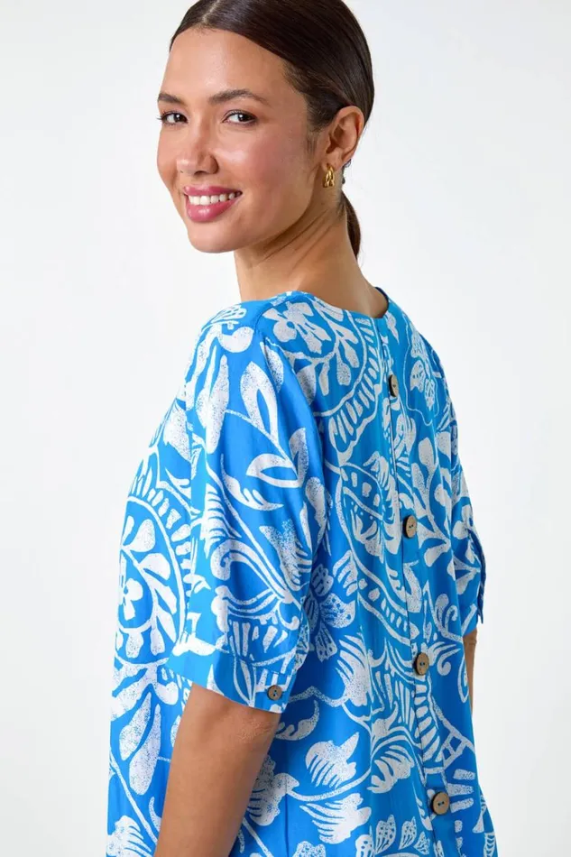 Turquoise Abstract Leaf Print Button Back Top Women Roman Tops