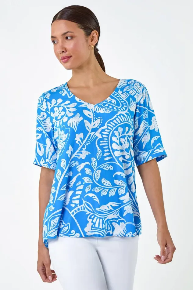 Turquoise Abstract Leaf Print Button Back Top Women Roman Tops