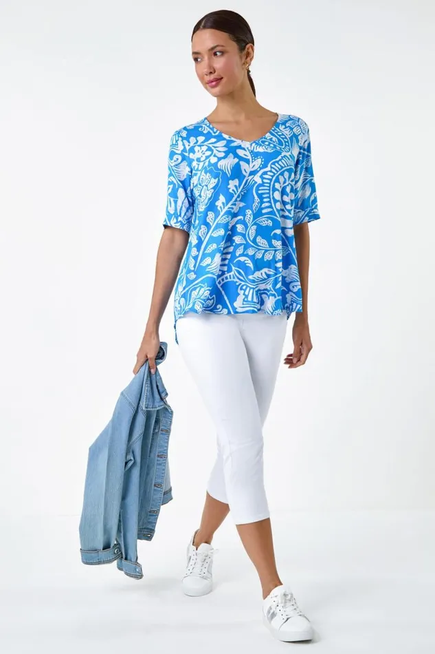 Turquoise Abstract Leaf Print Button Back Top Women Roman Tops