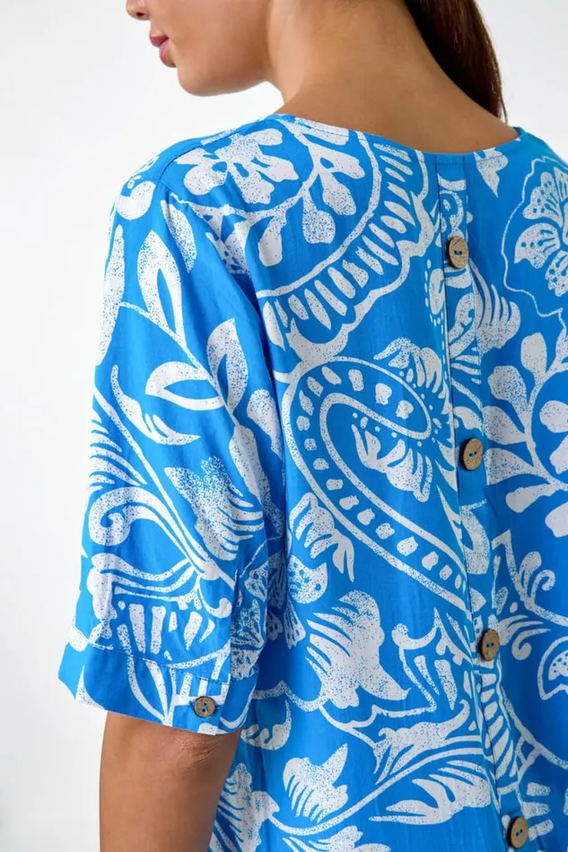 Turquoise Abstract Leaf Print Button Back Top Women Roman Tops