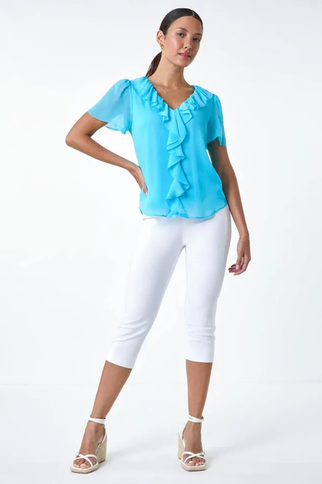 Turquoise Crinkle Textured VNeck Frill Detail Top Women Roman Tops