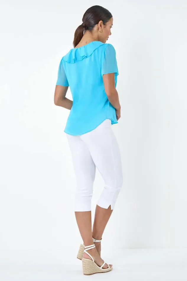 Turquoise Crinkle Textured VNeck Frill Detail Top Women Roman Tops