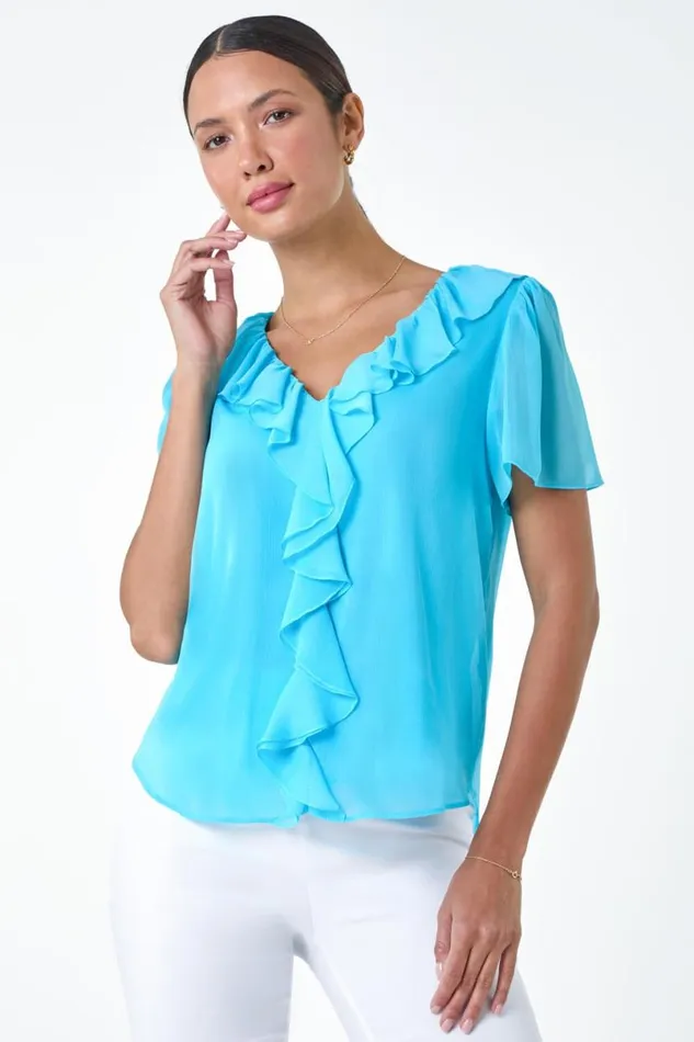 Turquoise Crinkle Textured VNeck Frill Detail Top Women Roman Tops