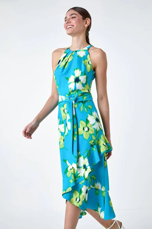 Turquoise Floral Print Chiffon Halterneck Midi Dress Women Roman Dresses
