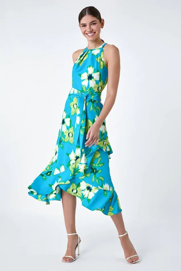 Turquoise Floral Print Chiffon Halterneck Midi Dress Women Roman Dresses