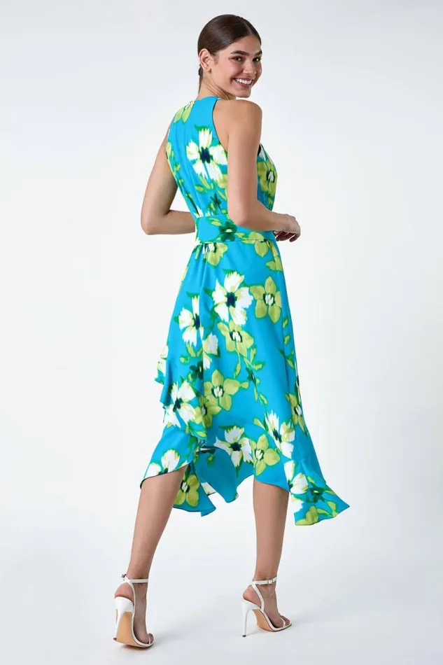 Turquoise Floral Print Chiffon Halterneck Midi Dress Women Roman Dresses