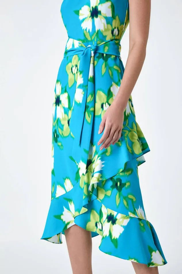 Turquoise Floral Print Chiffon Halterneck Midi Dress Women Roman Dresses