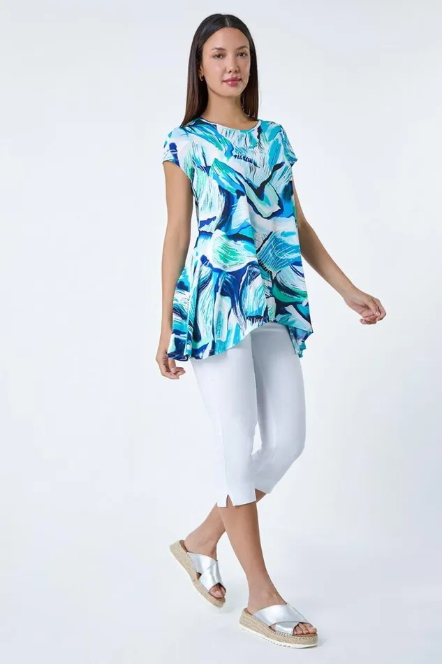 Turquoise Textured Abstract Stretch Hanky Hem Tunic Top Women Roman Tops