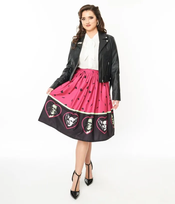 Universal Monsters X Frankenstein and Bride Of Frankenstein Border Gellar Swing Skirt ClothingHalloween Unique Vintage Skirts