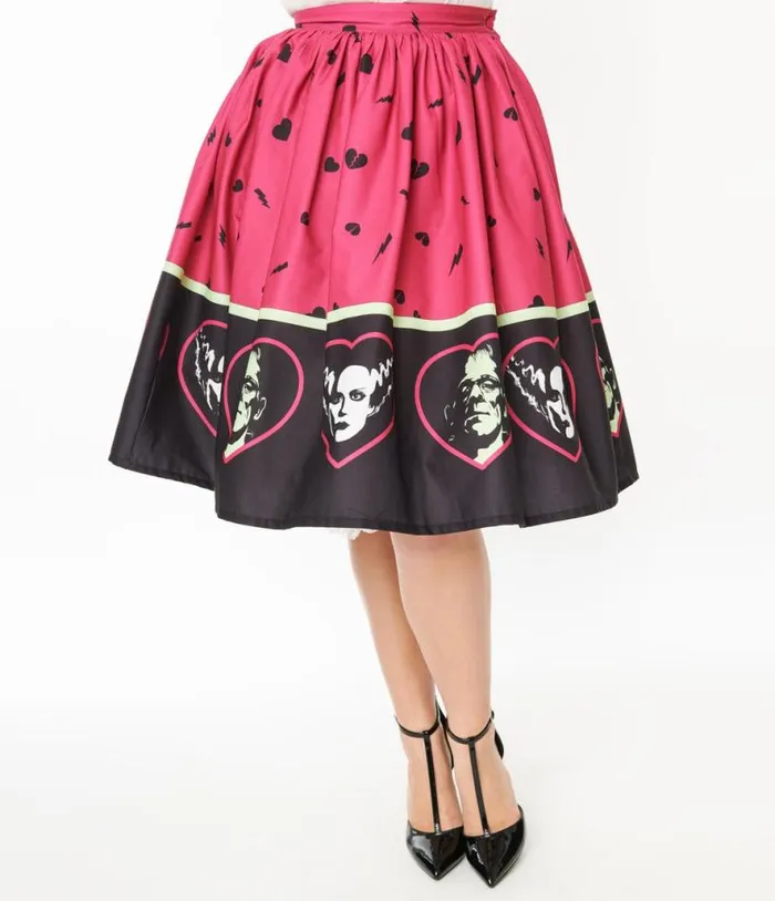 Universal Monsters X Frankenstein and Bride Of Frankenstein Border Gellar Swing Skirt ClothingHalloween Unique Vintage Skirts