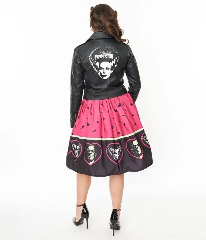 Universal Monsters X Frankenstein and Bride Of Frankenstein Border Gellar Swing Skirt ClothingHalloween Unique Vintage Skirts