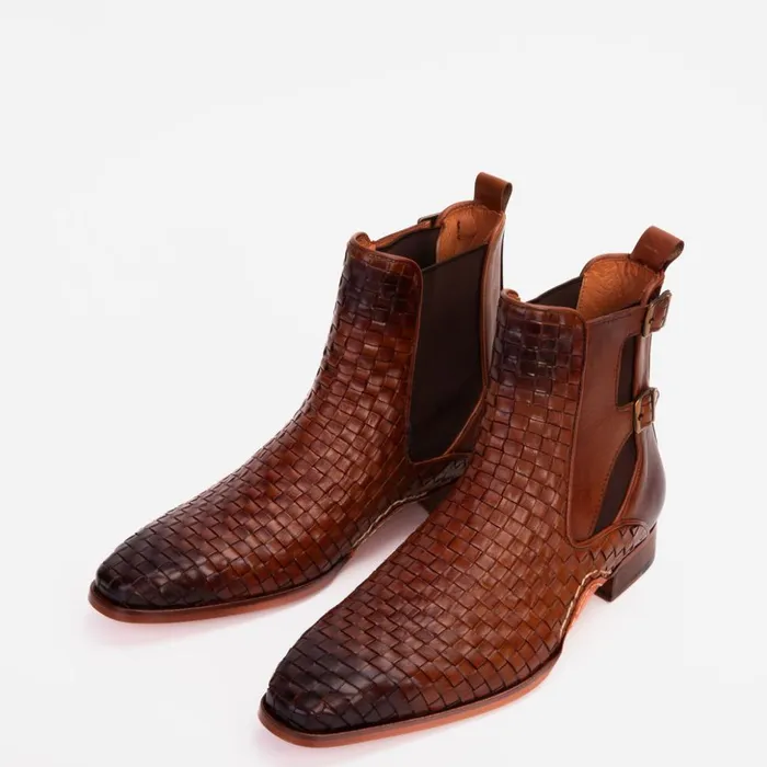 Vinci Leather Boots The Rolls Boot Woven Tan Leather Double Monk Strap Handmade Shoe 8211 Men