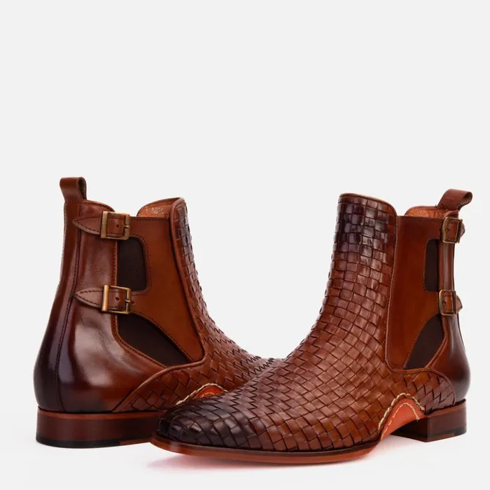 Vinci Leather Boots The Rolls Boot Woven Tan Leather Double Monk Strap Handmade Shoe 8211 Men
