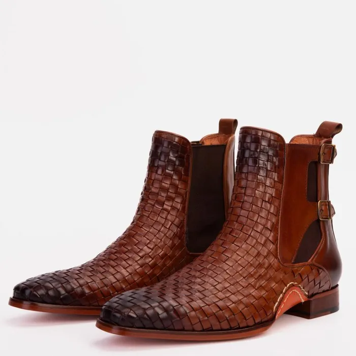 Vinci Leather Boots The Rolls Boot Woven Tan Leather Double Monk Strap Handmade Shoe 8211 Men