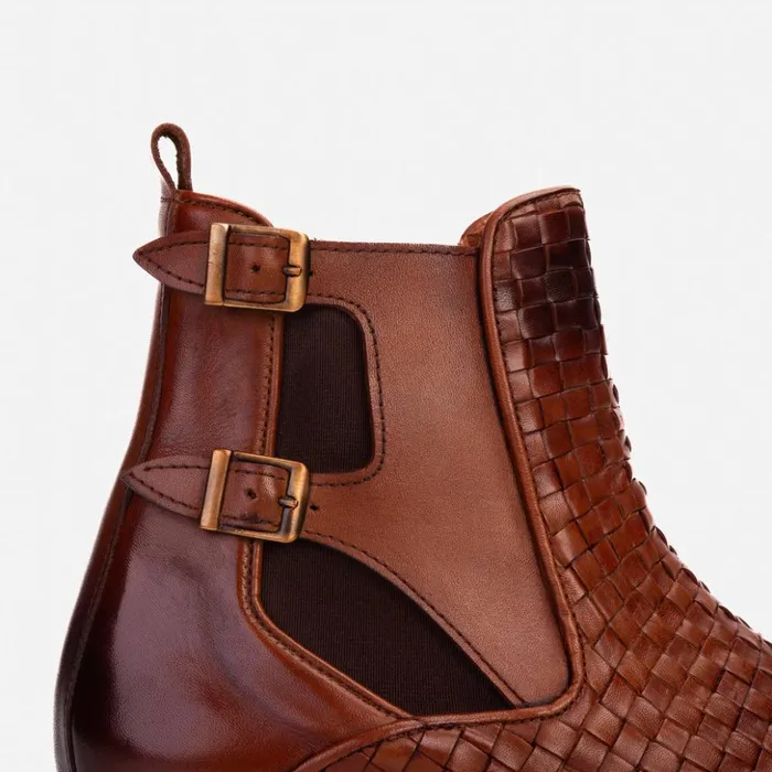 Vinci Leather Boots The Rolls Boot Woven Tan Leather Double Monk Strap Handmade Shoe 8211 Men