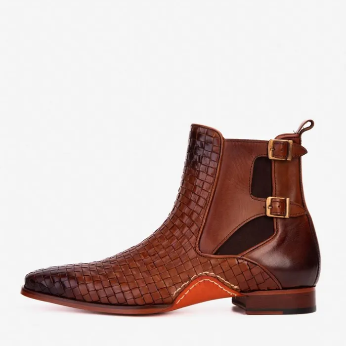 Vinci Leather Boots The Rolls Boot Woven Tan Leather Double Monk Strap Handmade Shoe 8211 Men