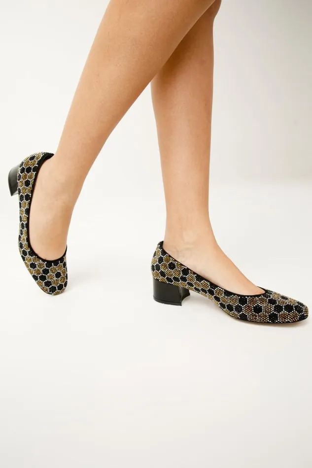 Vinci Leather Heels The Doha Gold and Black Glitter Leather Block Pump Shoe 8211 Women