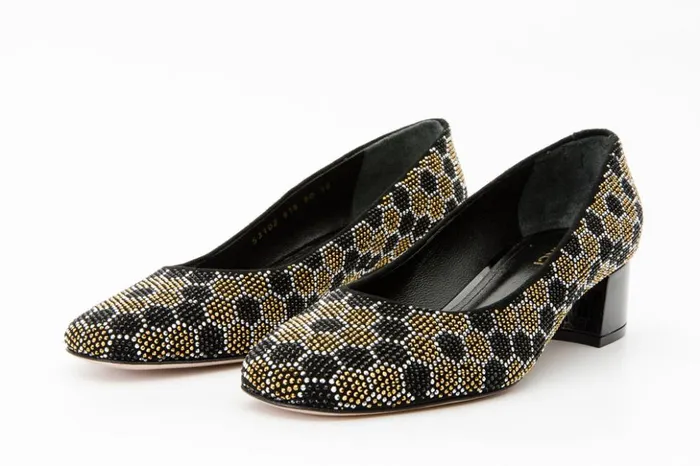 Vinci Leather Heels The Doha Gold and Black Glitter Leather Block Pump Shoe 8211 Women