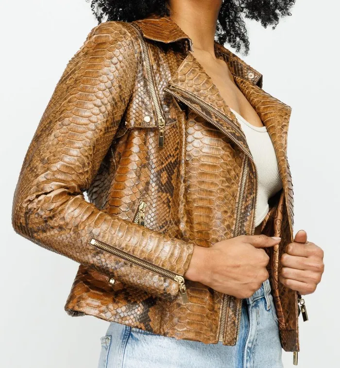 Vinci Leather Leather Jackets The Queen Pythn Skin Tan Leather Jacket 8211 Women