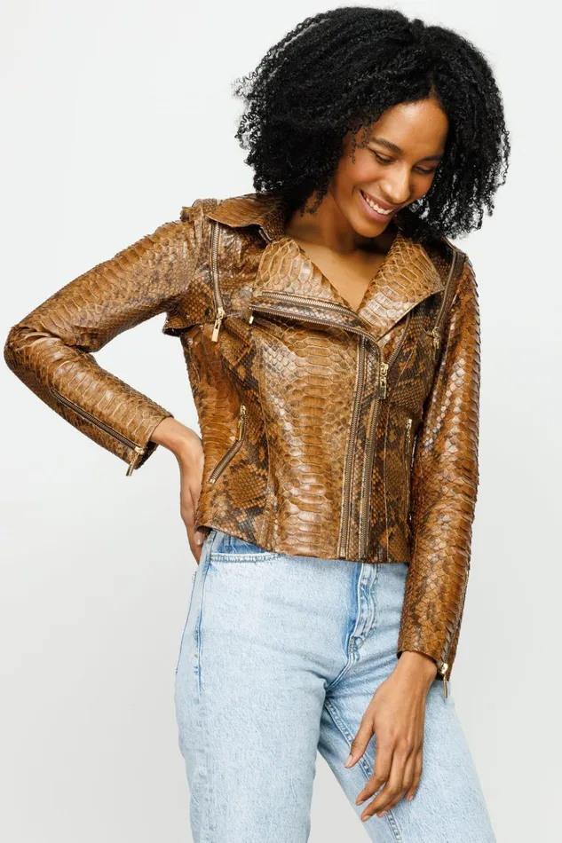 Vinci Leather Leather Jackets The Queen Pythn Skin Tan Leather Jacket 8211 Women