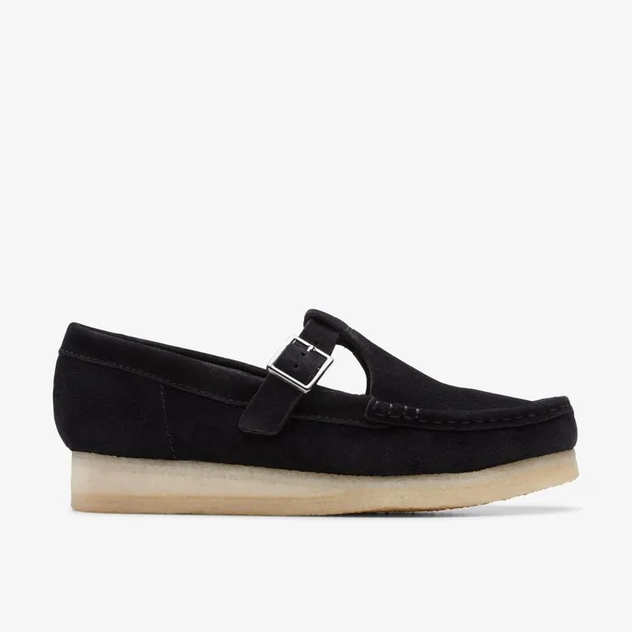 Wallabee TBar Black Suede Women Clarks SlipOns