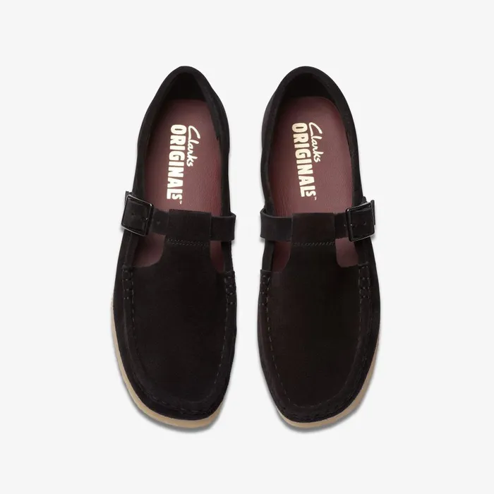 Wallabee TBar Black Suede Women Clarks SlipOns