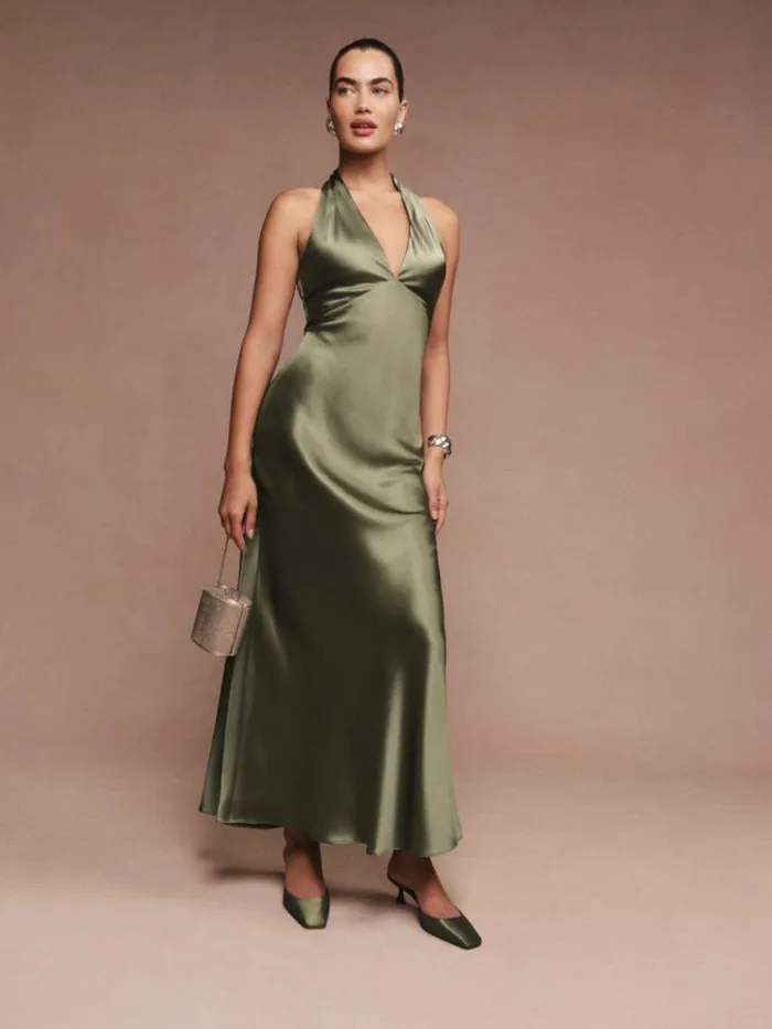 Weddings The Reformation Daniela Silk Dress Aloe Vera
