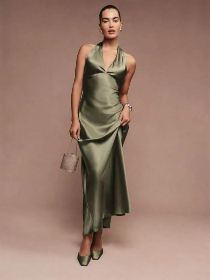 Weddings The Reformation Daniela Silk Dress Aloe Vera