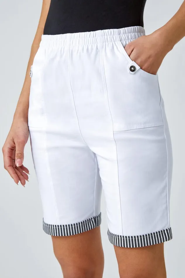 White Contrast Detail Elastic Waist Stretch Shorts Women Roman Trousers