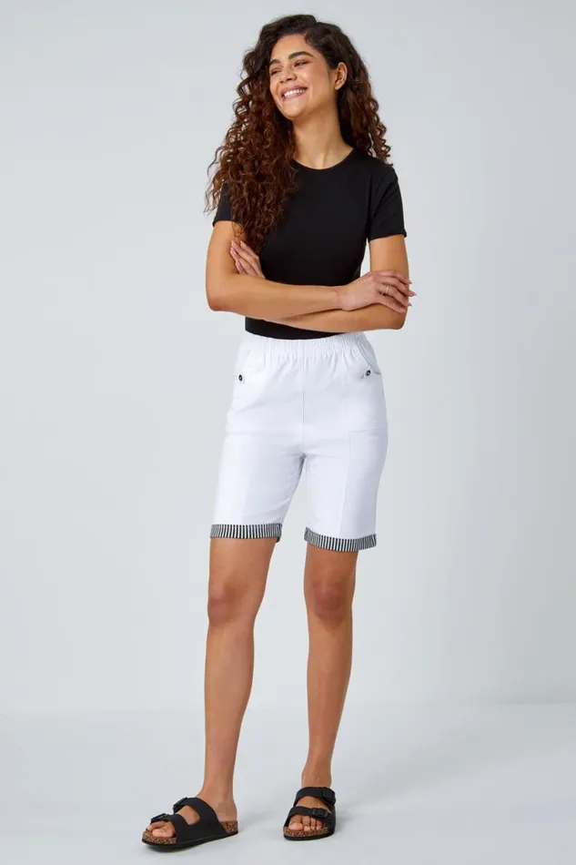 White Contrast Detail Elastic Waist Stretch Shorts Women Roman Trousers