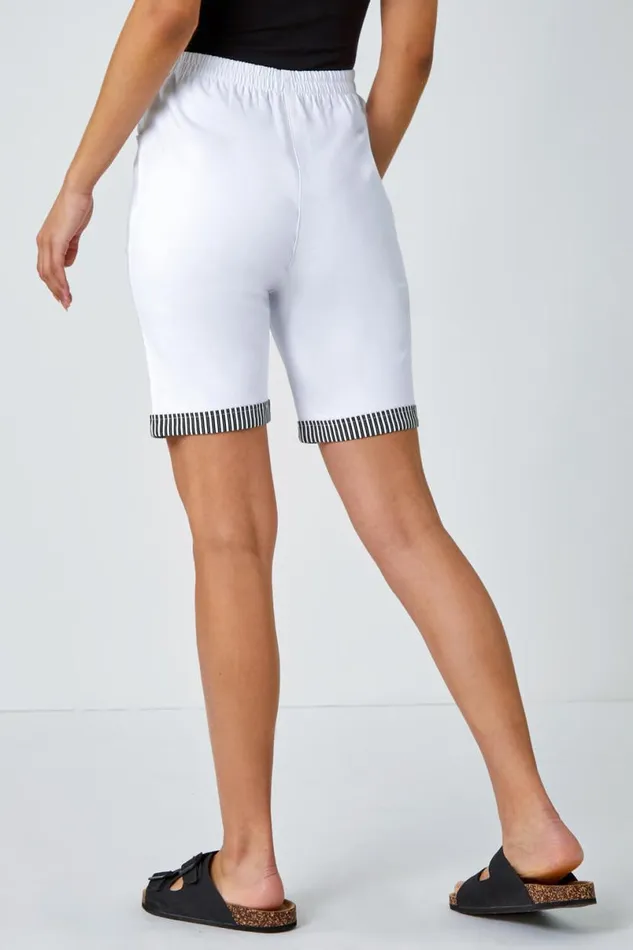 White Contrast Detail Elastic Waist Stretch Shorts Women Roman Trousers