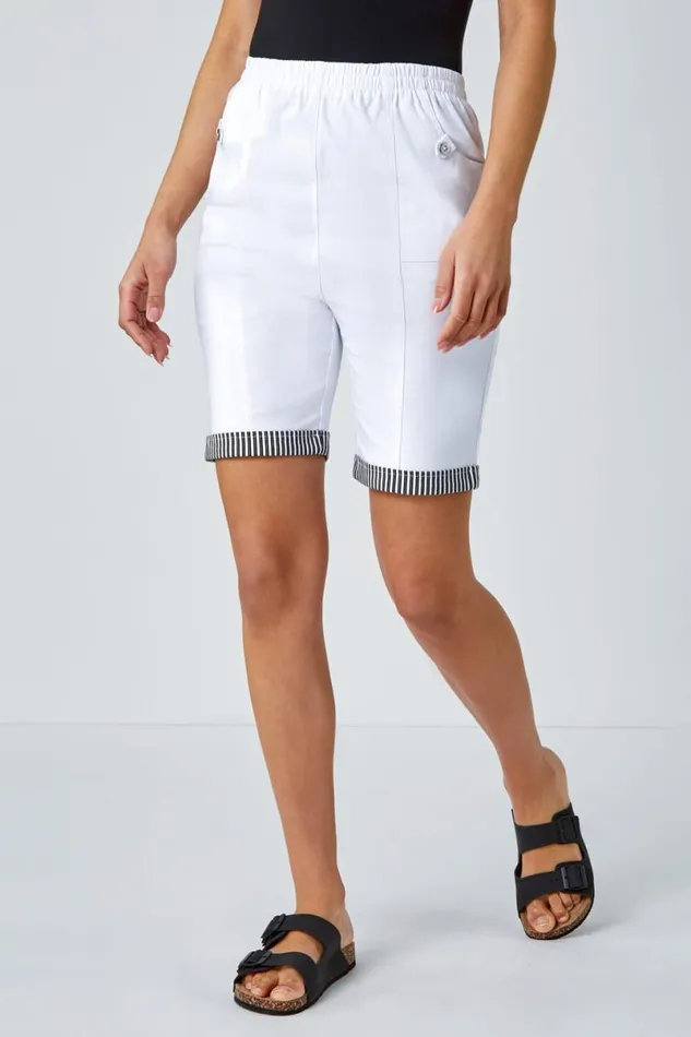 White Contrast Detail Elastic Waist Stretch Shorts Women Roman Trousers