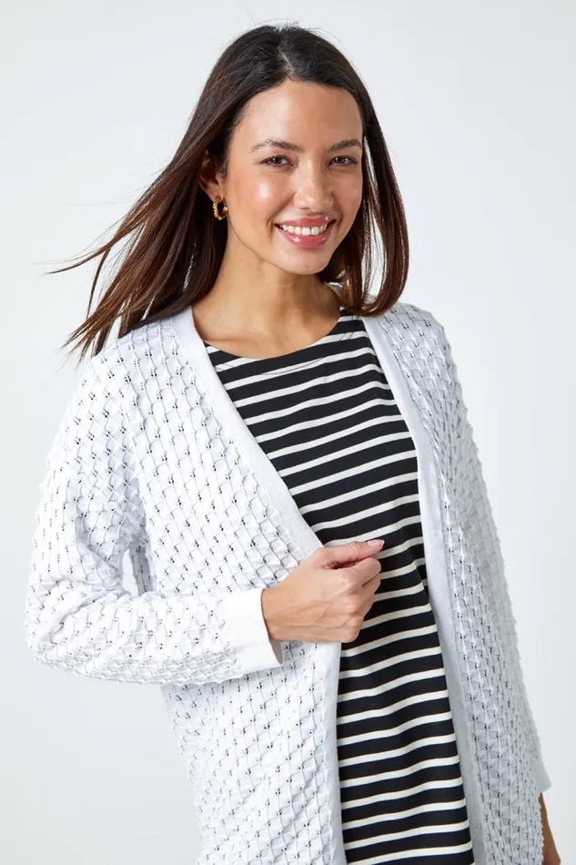 White Cotton Blend Waffle Knit Cardigan Women Roman Knitwear
